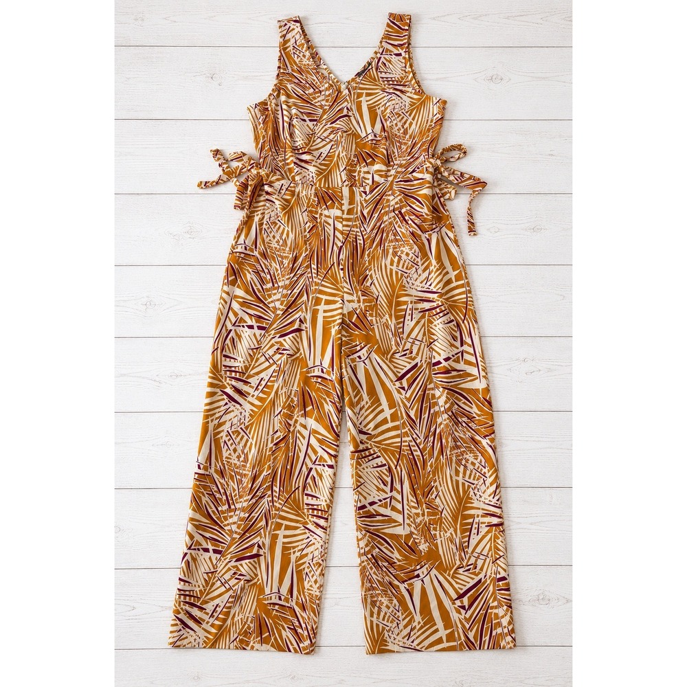 Dalia Womens Tropical Palm Leaf Print Wide Leg Jumpsuit Mustard Yellow Size 8